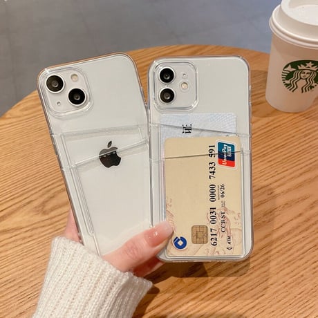 カード入れ2個 iphone15/14promaxケース  クリア iphone13/12/11カバー   シンプルコーデ 可愛い 交通カード/クレジットカードなど収納[M2193]