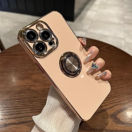 リング付 iPhone15/15plus/15proケース メッキ スタンド機能 iPhone14/13/12proカバー 光沢感 耐久性[M3558]