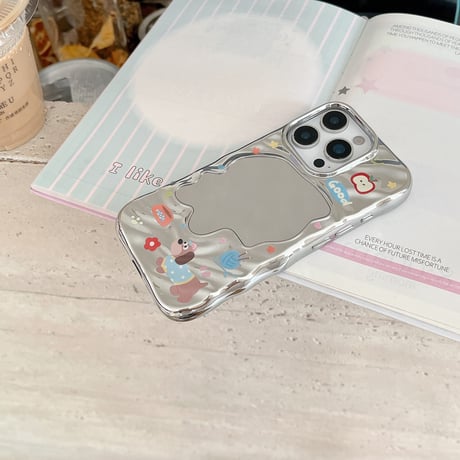 犬ちゃんミラー iPhone16pro/16ケース シルバー iPhone15pro/14/13promaxカバー 大人可愛い メイク直し鏡[M5522]