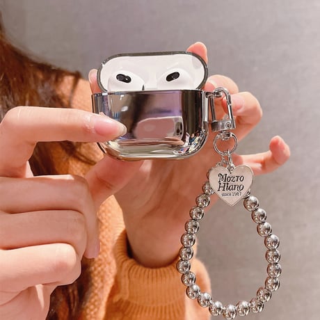 【Airpods4】メッキシルバーカラー airpods第3世代ケース 鏡面 ストラップ付 airpodsproカバー シンプル風ソフトケース 個性[M1500]
