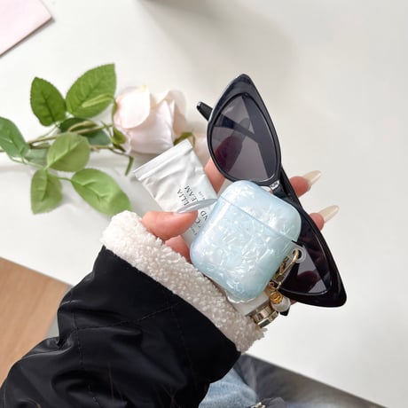 シェル柄 Airpods第四世代ケース 水色 貝殻キーホルダー Airpodspro2/proカバー Airpods第3/2世代 かわいい 女子力高い[M5086]