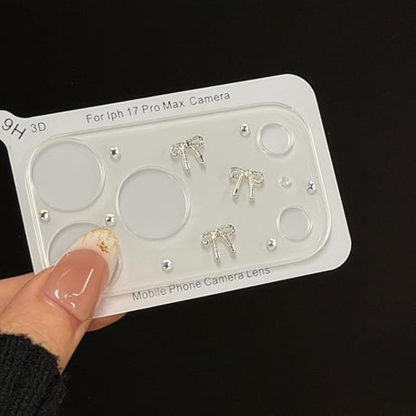 リボンカメラカバー iPhone17Pro iPhone17ProMax レンズフィルム  ダイヤデコ キラキラ  おしゃれ  頑丈 きれい [M6045]