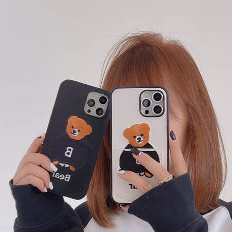カード収納 iphone14Plus/13promaxケース 刺繡入りクマちゃんiphone12mini/11保護カバー  カップルお揃い 皮製 高品質[M2154]