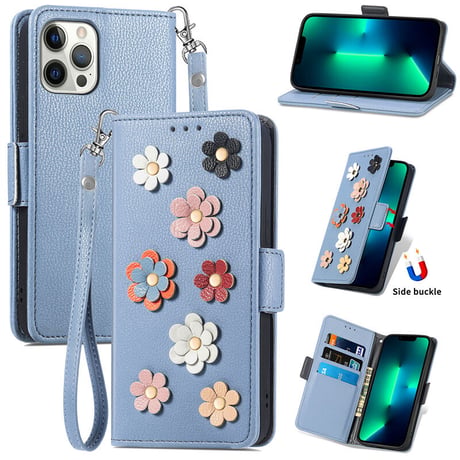 手帳型 iphone14pro/13miniケース 立体花 カード入れ3個 iphone12mini/11promaxカバー お札入れ1個 ストラップ付 可愛い レザー[M2184]