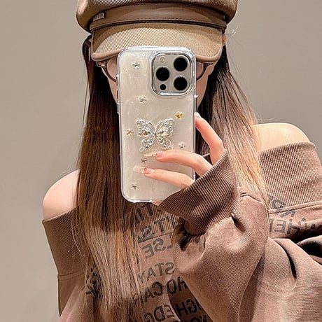 ダイヤ蝶 iPhone16/16Proケース キラキラ綺麗 iPhone15/14/13/12Proカバー 女子力高い 丈夫 [M4952]