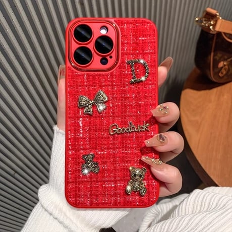 布地 iPhone16/15plusケース  放熱仕様 iPhone14/13proソフトケース カメラ保護 リボン熊ちゃんデコ 秋冬人気[M3618]