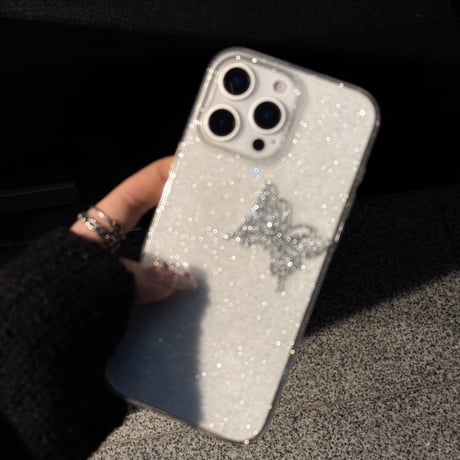 ジュエリー蝶 iPhone16pro/15promaxケース キラキララメ iPhone14/13pro/12カバー 大人可愛い 高級感[M5237]