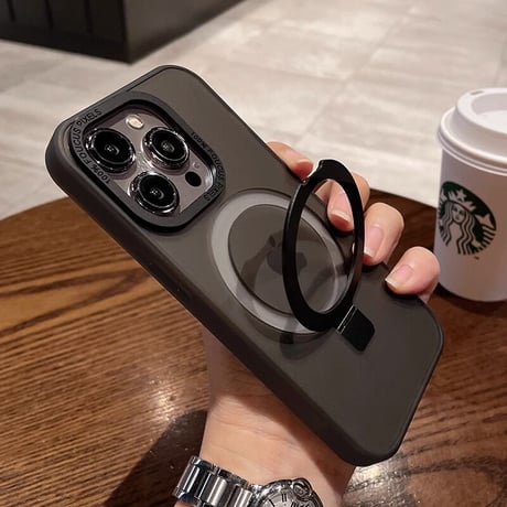 Magsafe対応スタンド iPhone15Pro/15ProMaxケース 指紋防止 マット仕様 耐衝撃 半透明 iPhone14/13/12proカバー [M3556]
