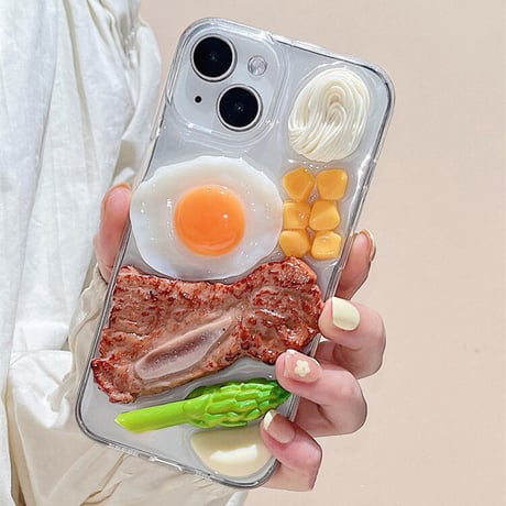 ステーキ/目玉焼き iphone17/16proケース 立体食べ物/野菜 アイフォン15/14promaxケース 面白い 美味しそう クリアケース ギフトにおすすめ[M3203]