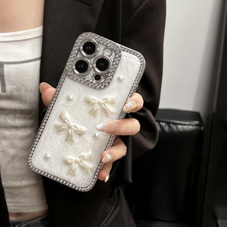 リボン iPhone16/16proケース ジュエリーデコ iPhone15plus/14pro/13カバー 頑丈 めっちゃ可愛い [M5381]