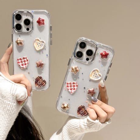 ハートボタン iPhone16/16Proケース ラメ入り 透明 iPhone15/14/13/12Proカバー トレンド 女子力高い [M5024]