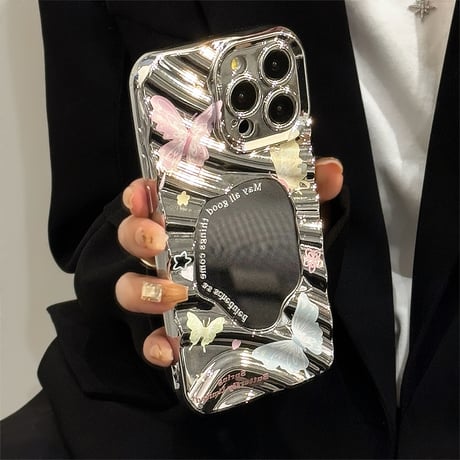 ジュエリーストラップ iPhone15pro/15ケース 鏡付き蝶柄 アイフォン14pro/13promax/12カバー 可愛い 女子力アップ[M4316]