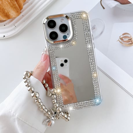 ジュエリー 鏡 iPhone15/15proケース ハンドメイド iPhone14pro/13/12カバー リボン/ハートストラップ付 豪華 M4152]
