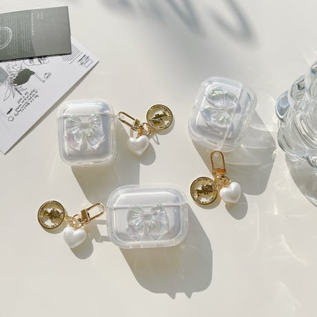 【Airpods4】キラキラリボン AirpodsPro2ケース ハートアクセサリー付 airpods3/2/1ケース  かわいい 耐衝撃クリアケース ギフトにおすすめ[M3073]