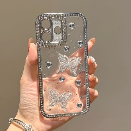 ダイヤデコ iPhone16pro/17ケース 蝶々 ジュエリー iPhone15pro/14/13promaxカバー 可愛い 大人ガーリーに人気[M5563]