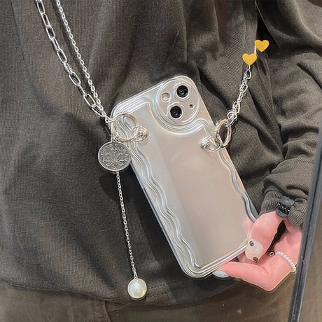 シルバーチェーン付き iphone14pro/13ケース 高級感 アイフォン12/11カバー  オシャレ 真珠付き 便利  個性ファッション[M2084]