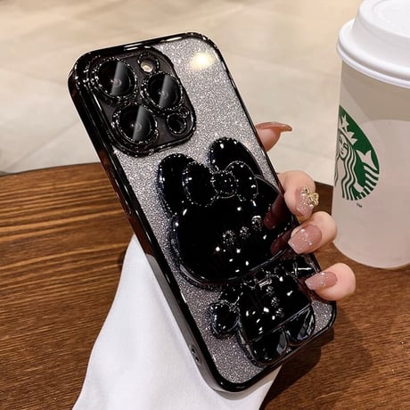 鏡付兎スタンド iPhone15/16proケース キラキラ iPhoneSE第3世代/14/13Proカバー 多機能便利 カメラ保護 [M3527]