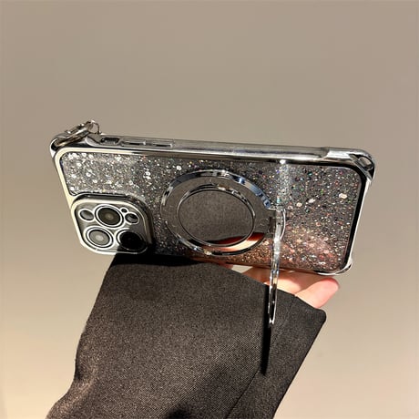 鏡リングスタンド付 iPhone16/16proケース ラメ入り iPhone15pro/14/13カバー バックチャーム/ショルダーストラップ付 [M5394]