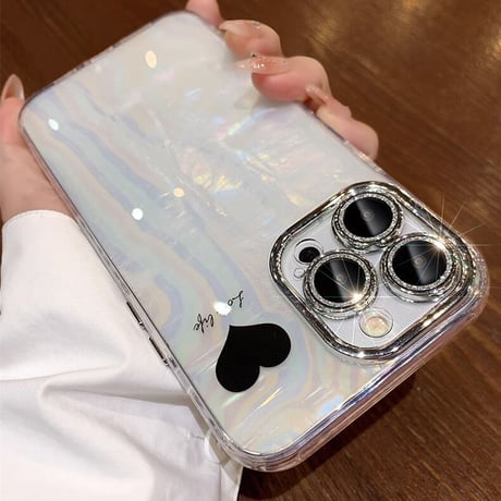 シェル風 iPhone16/14/15proカバー ハート柄 キラキラレンズフィルム付 オシャレ 綺麗 女子力アップ お揃い [M3520]