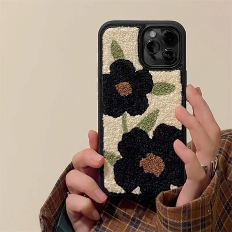 ブラック花柄  iphone13/12proケース  刺繡入り アイフォン11/xsmaxカバー  可愛い  柔らかい 温かい  ガールズに人気  秋冬向けM1236
