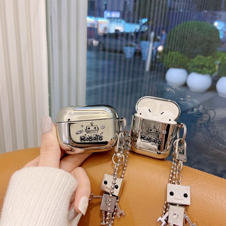 銀色ロボット エアーポッズ4/3ケース robot airpodspro2/1カバー 可愛いキーリング付き チェーン付き カッコイイ 高品質頑丈 ツヤ感あるM422