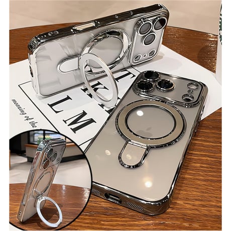 iPhone17Pro/16ProMaxケース MagSafeリングスタンド iPhone15Pro/14/13ケース レンズカバー 黄ばまない [M4641]