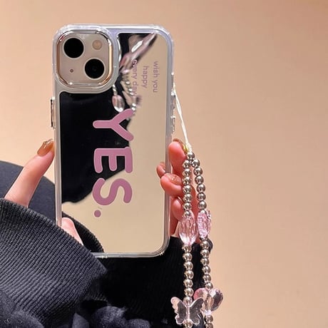 YES 鏡 iPhone15/15plus/15proケース ストラップ付 iPhone14Pro/13/12カバー ガールズファッション かわいい便利  [M3854]