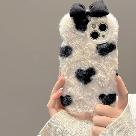 ファーハート柄 iphone15/15Proケース  リボン iphone14/13/12カバー フワフワ 手触りいい かわいい[M3575]