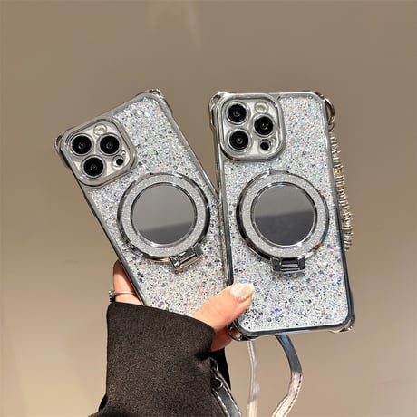 鏡リングスタンド付 iPhone16/16proケース ラメ入り iPhone15pro/14/13カバー バックチャーム/ショルダーストラップ付 [M5394]