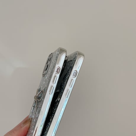 リボン iPhone15/15proカバー キラキラグリッター iPhone14/13pro/12ケース 女子力アップ シルバーコーデ[M3896]