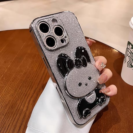 ウサギ鏡兼スタンド iPhone16/16Proケース  キラキラ iPhone15pro/14/13Proカバー 可愛い 多機能 耐衝撃[M4929]