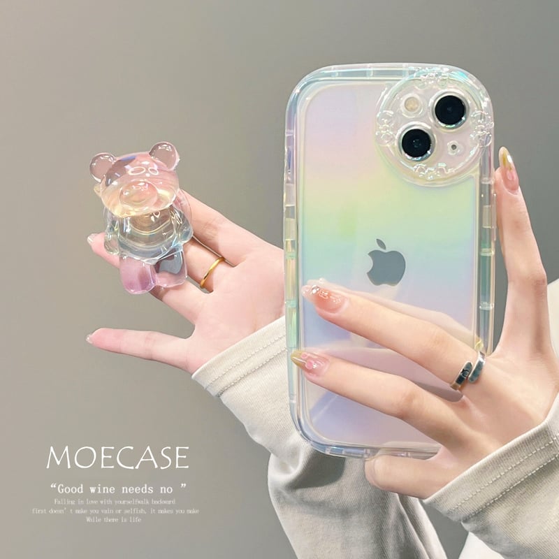 キラキラクマさんグリップ付 iphone14/13proケース レインボーカラー