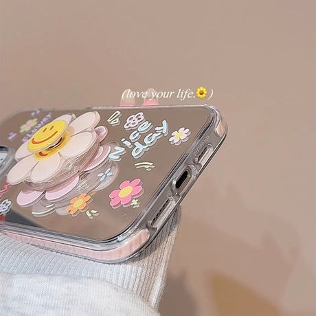 韓国風 iPhone16pro/16ケース 鏡付 にこちゃん回転可花グリップ iphone15pro/14/13proカバー 可愛い スタンド付 夏人気品[M5285]