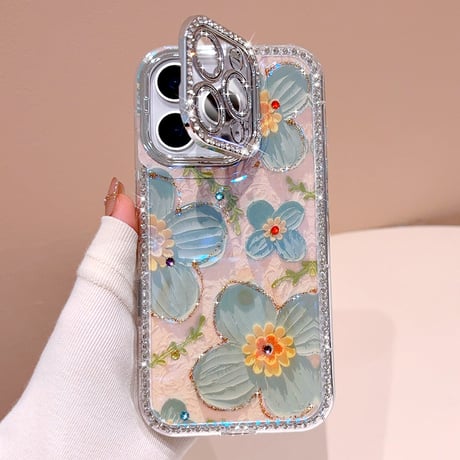 ジュエリーカメラカバースタンド iPhone17/16Proケース 油絵花柄 iPhone15pro/14/13カバー 綺麗 多機能便利[M5586]