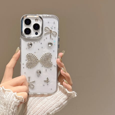 ダイヤリボン iPhone16pro/16ケース 透明 キラキラ iPhone15plus/14/13pro/12カバー 大人可愛い ハンドメイド[M5459]