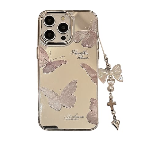 蝶柄鏡 iPhone15/15proケース チョウアクセサリー付 iPhone14/13pro/12ケース かわいい 便利 頑丈[M4154]