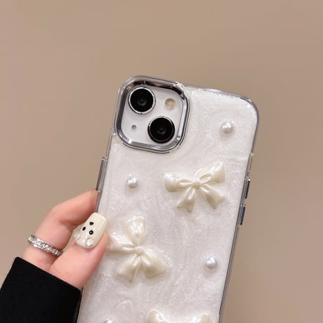 リボン/ハートデコ iPhone15pro/15ケース ホワイト iphone14/13pro/12proカバー  女子力アップ 高級感[M4353]