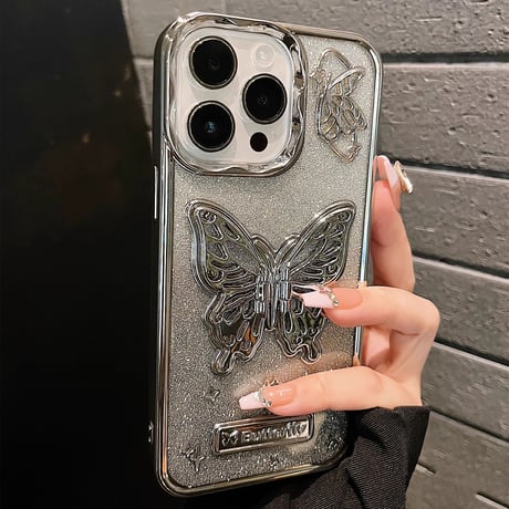 高級感 iPhone15Pro/15ケース  蝶スタンド キラキラシート付アイフォン14/13proカバー 黄ばまない 耐久性あり [M3703]
