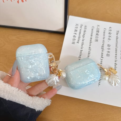 シェル柄 Airpods第四世代ケース 水色 貝殻キーホルダー Airpodspro2/proカバー Airpods第3/2世代 かわいい 女子力高い[M5086]