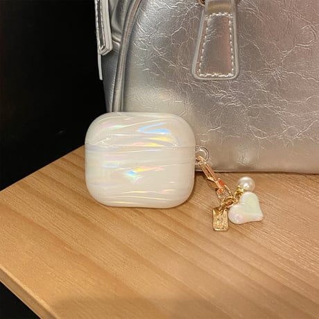 シェル柄 Airpods第4世代ケース 虹色の雲 パールハートキーホルダー AirpodsPro3/Pro2ケース airpodsproカバー 上品 高級感 可愛い[M5111]