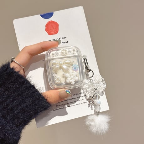 雪花/リボン Airpods 4ケース 毛玉チェーン付 Airpodspro2/proカバー Airpods第3/2世代 かわいい 頑丈[M5059]