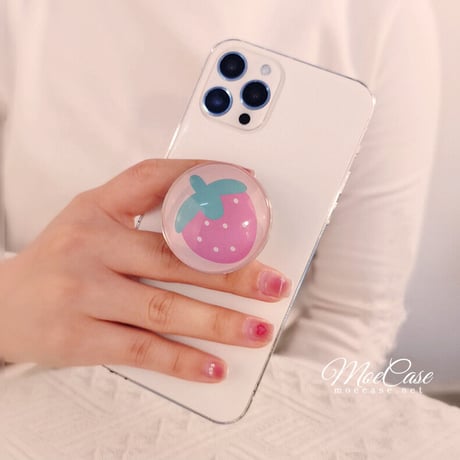 クリスタル スマホグリップスタンド イチゴ/ピーチ/黒花/牛柄 かわいい 粘着タイプ キラキラ 全機種対応 オシャレ トレンド[M3107]