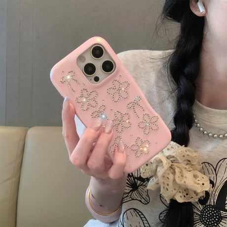 高級感 iPhone16pro/16ケース ダイヤデコ花/リボン iPhone15pro/14/13promaxケース ピンクレザー 上品 大人可愛い [M5385]