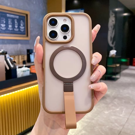 iPhone17Pro/17ProMaxケース Magsafe充電リングスタンド付 iPhone16Pro/15Plus/14カバー 指紋防止 高品質 落下防止ベルト [M5539]