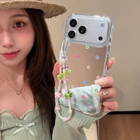 花柄ミラー iPhone17pro/17ケース 花ストラップ iPhone16/15pro/17promaxケース 日常/旅行に合う 女子力高い かわいい[M6235]