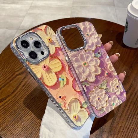 花柄 iPhone15/15Plusケース 光る油絵 綺麗 iPhone14/13proカバー ガールファッション 頑丈 かわいい 耐久性 [M3543]