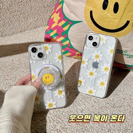 笑顔の花 iPhone15/15proケース MagSafeグリップ iPhone14/13pro/12クリアケース かわいい きれい ギフトにおすすめ[M3997]