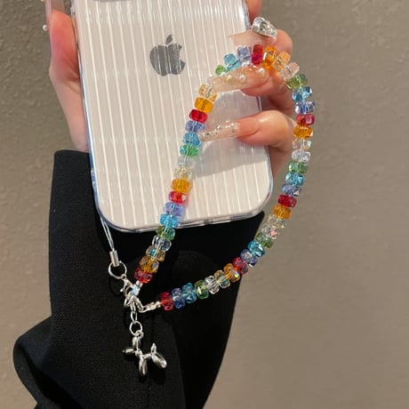 虹色 スマホストラップ キーホルダー キラキラクリスタル 女子力アップ 大人可愛い 高級感おしゃれ iphone、Google Pixe、AQUOS、Galaxyなど全種類対応 [M5581]