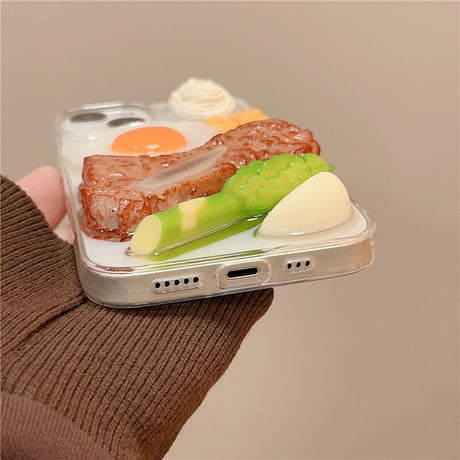 ステーキ/目玉焼き iphone17/16proケース 立体食べ物/野菜 アイフォン15/14promaxケース 面白い 美味しそう クリアケース ギフトにおすすめ[M3203]