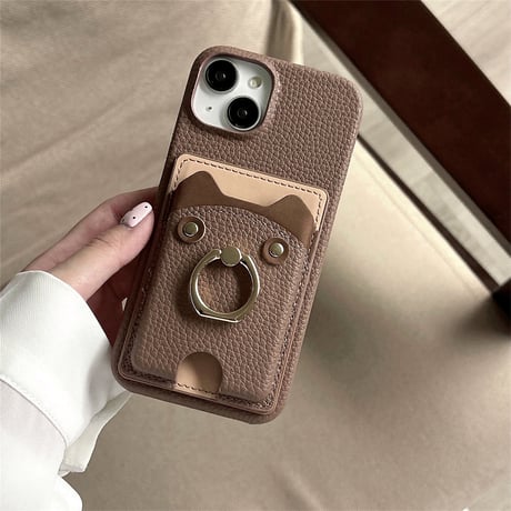 リングカード入れ付 iPhone16/16Proケース 熊 レザー アイフォン15pro/13mini/12/14カバー レザー 高品質 超便利[M4639]